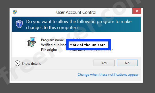 Screenshot where Mark of the Unicorn appears as the verified publisher in the UAC dialog